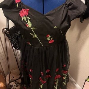 Black Dress with Red Floral Embroidery 50s Pinup